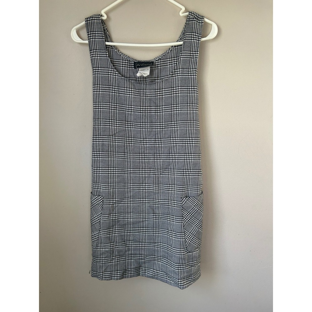 VTG Anxiety Plaid Pinafore Dress Black White Houndstooth Size M  Academia Preppy